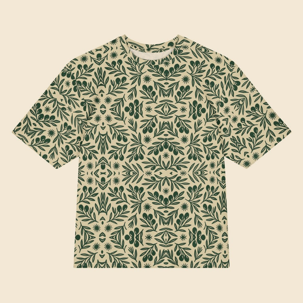 Oversized Tee · Motif IA, motif olives all-over