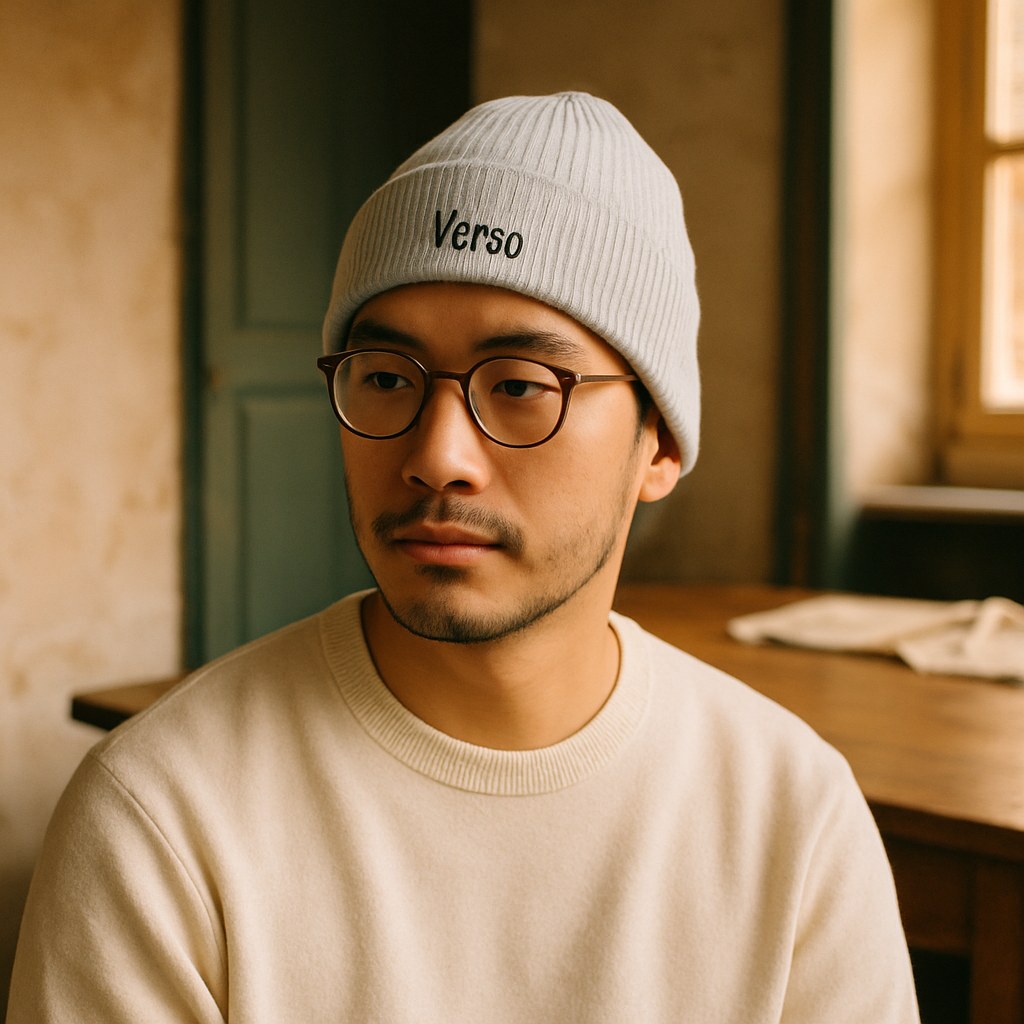Bonnet Côtelé Atlantis photographié dans l'atelier Verso Paris · atelier Verso · d'après produit · porté homme