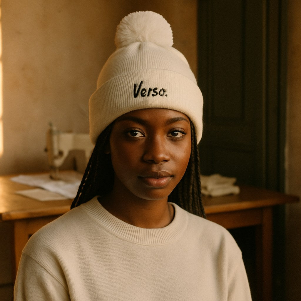 Bonnet Pompon Beechfield B426 photographié dans l'atelier Verso Paris · atelier Verso · d'après produit · porté femme