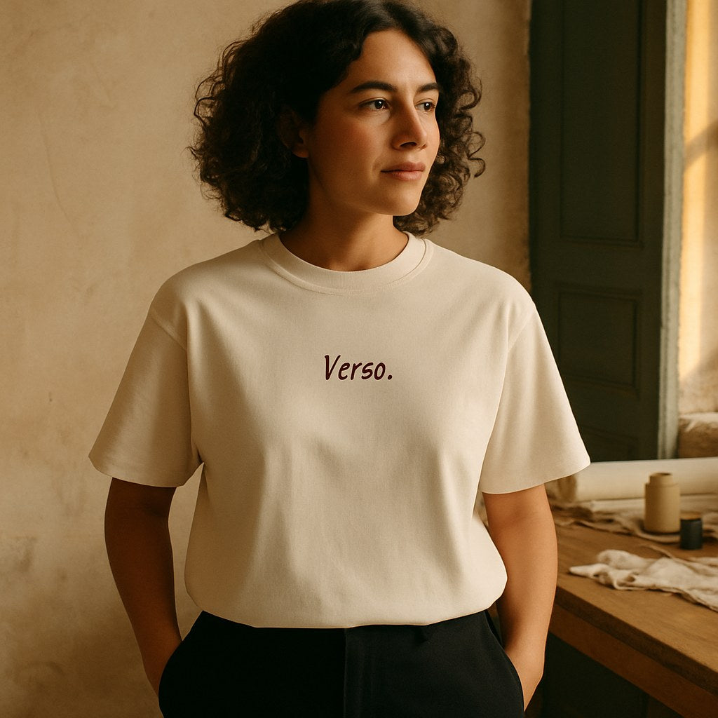 Box Tee photographié dans l'atelier Verso Paris · atelier Verso · d'après produit · porté femme