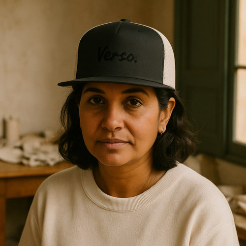 Casquette Camionneur Yupoong 6006 photographié dans l'atelier Verso Paris · atelier Verso · d'après produit · porté femme