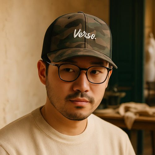 Casquette Camouflage photographié dans l'atelier Verso Paris · atelier Verso · d'après produit · porté homme