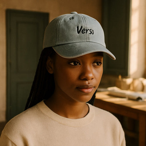 Casquette Denim photographié dans l'atelier Verso Paris · atelier Verso · d'après produit · porté femme