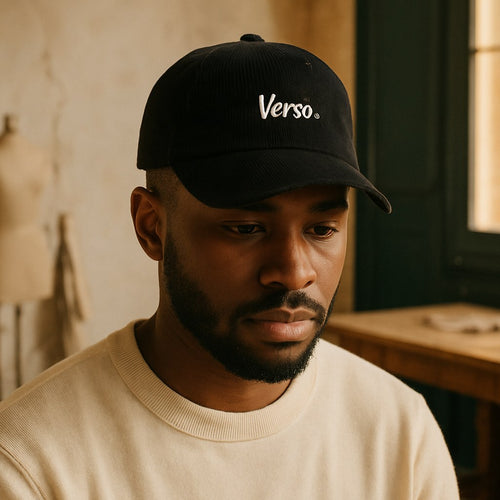 Casquette Velours Côtelé photographié dans l'atelier Verso Paris · atelier Verso · d'après produit · porté homme