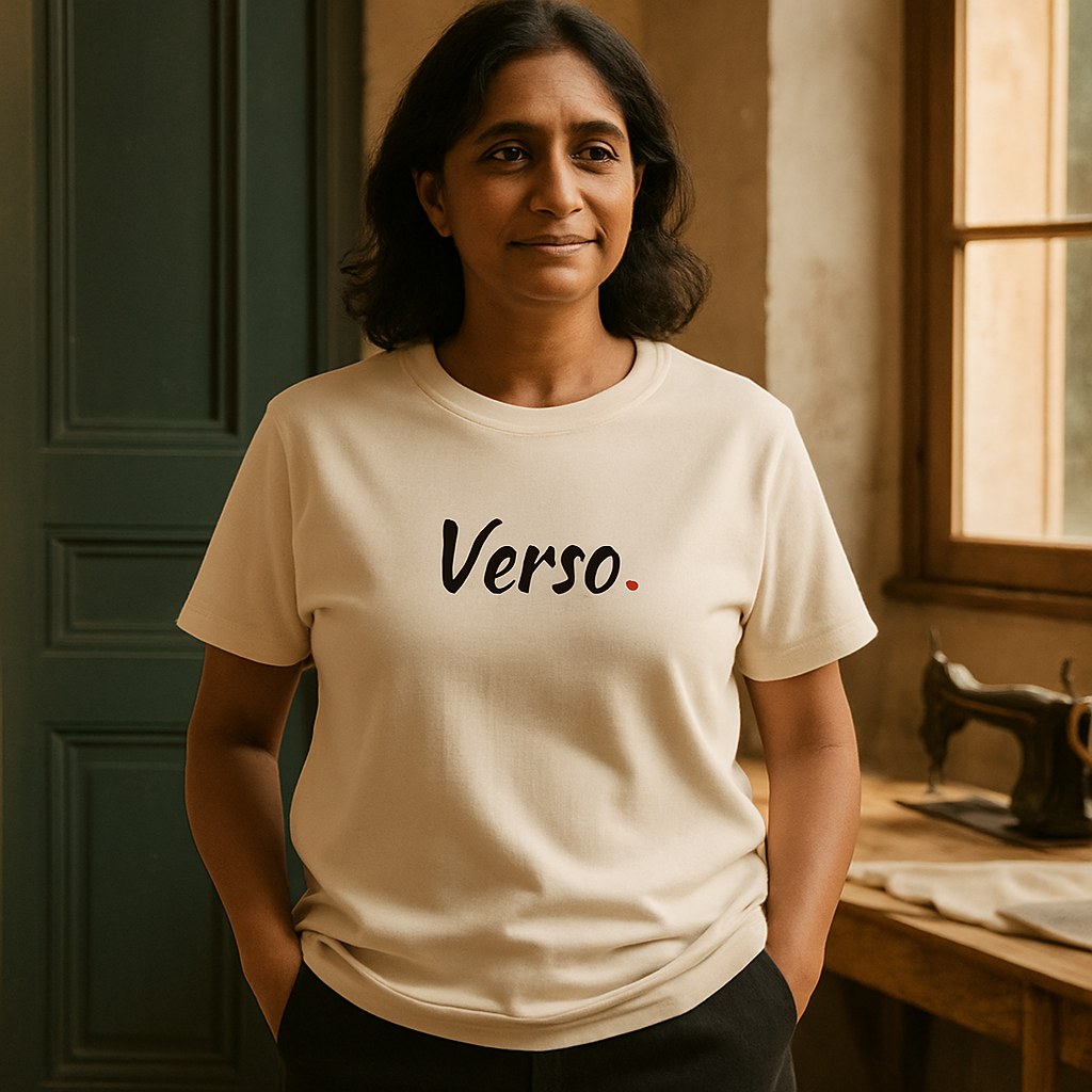 Tee Bio Crafter photographié dans l'atelier Verso Paris · atelier Verso · d'après produit · porté femme