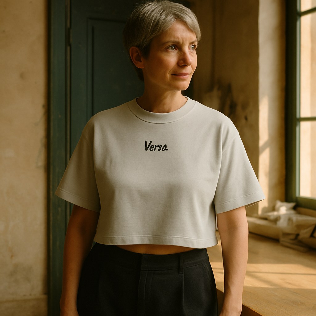 Crop Tee Garment Dye photographié dans l'atelier Verso Paris · atelier Verso · d'après produit · porté femme