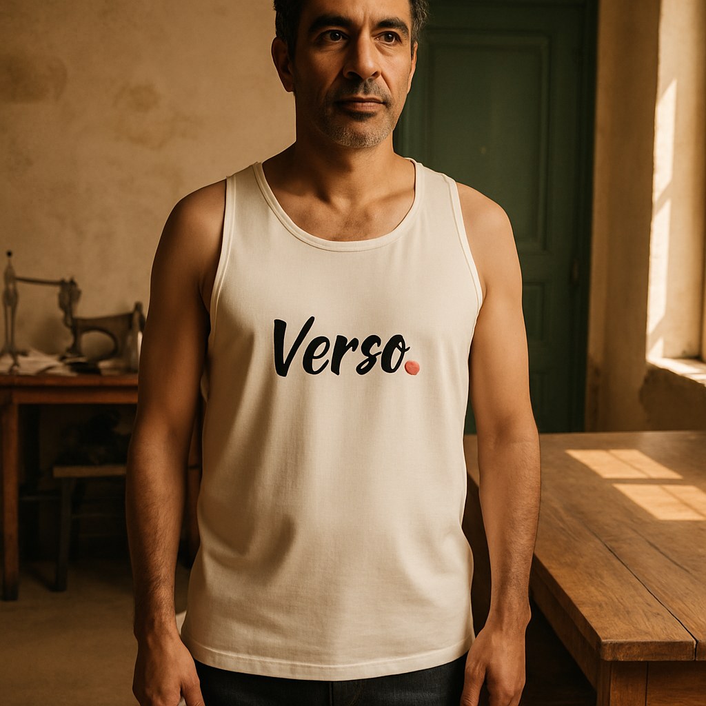 Débardeur Premium Homme photographié dans l'atelier Verso Paris · atelier Verso · d'après produit · porté homme