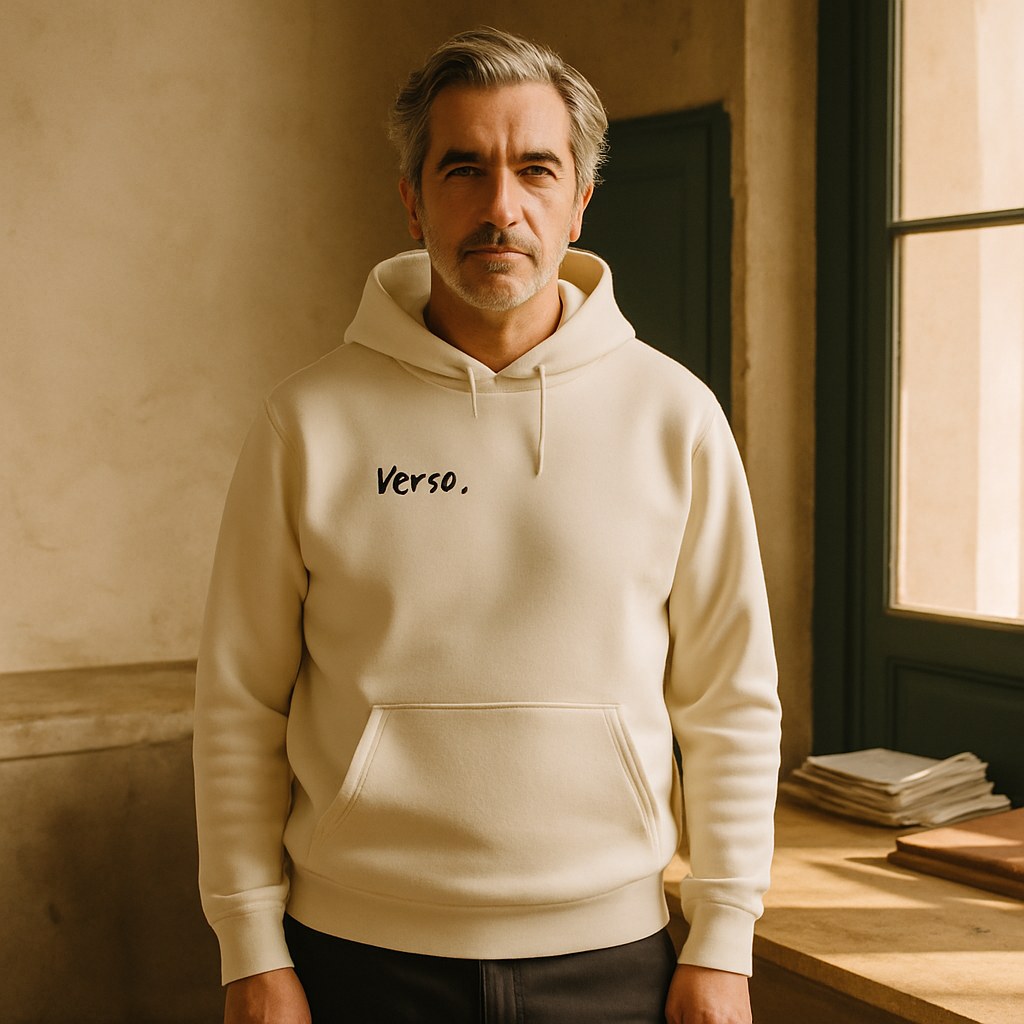 Hoodie Drummer 2.0 photographié dans l'atelier Verso Paris · atelier Verso · d'après produit · porté homme