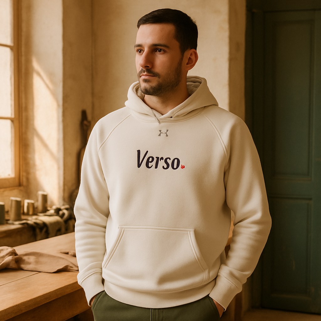 Hoodie Fleece Homme photographié dans l'atelier Verso Paris · atelier Verso · d'après produit · porté homme