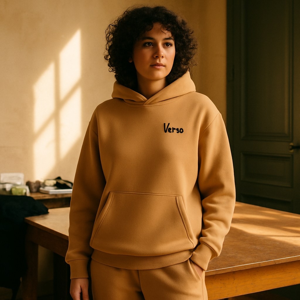 Hoodie Oversize Garment Teinté photographié dans l'atelier Verso Paris · atelier Verso · d'après produit · porté femme