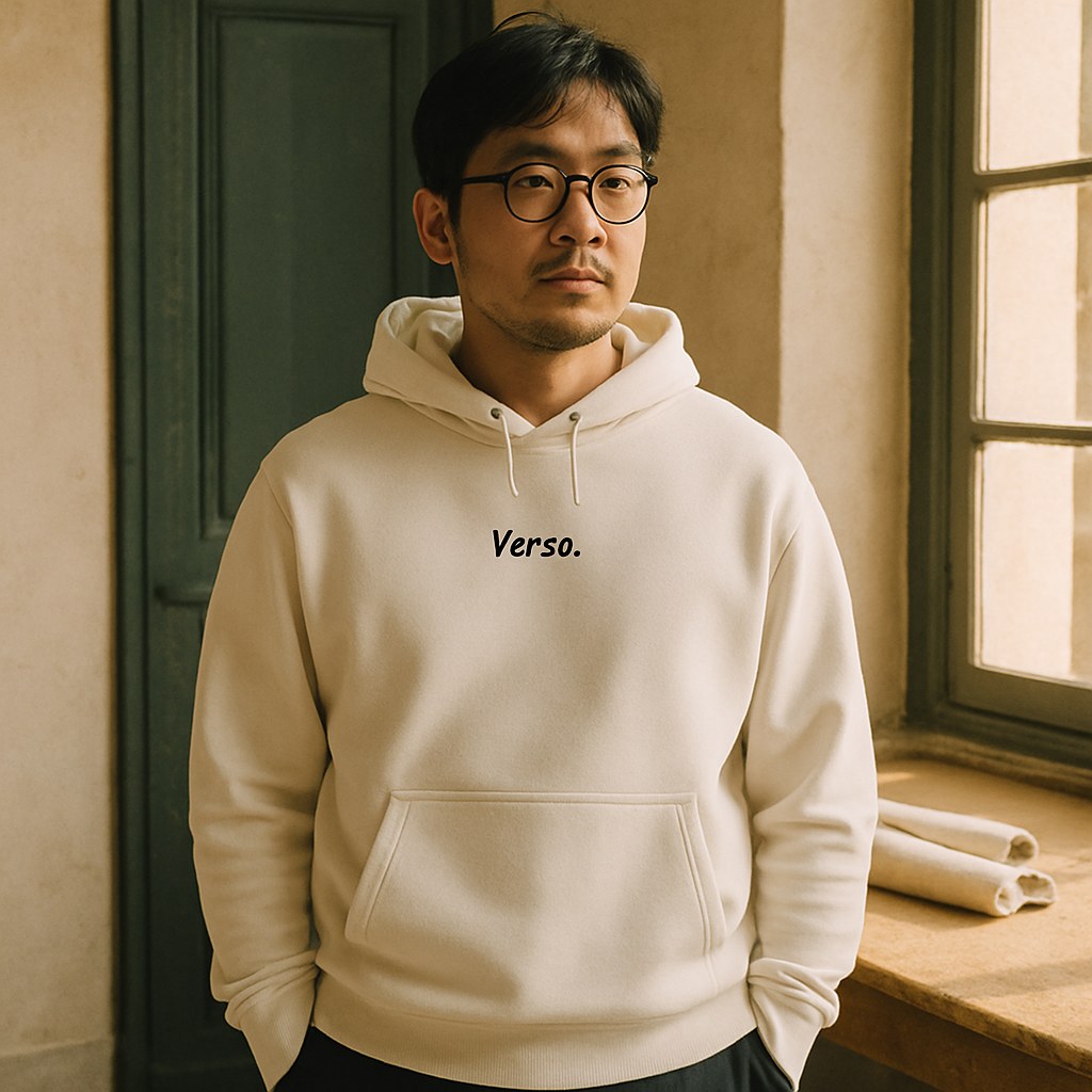 Hoodie Premium Mi-Densité photographié dans l'atelier Verso Paris · atelier Verso · d'après produit · porté homme