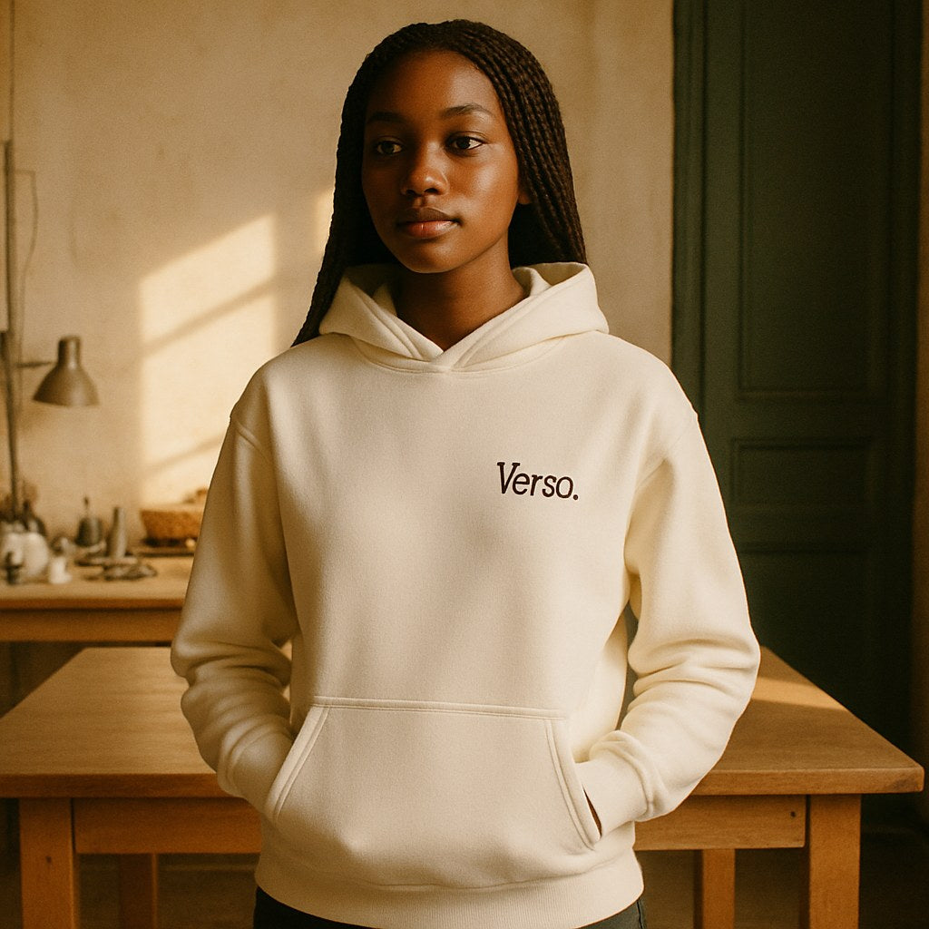 Hoodie Relax photographié dans l'atelier Verso Paris · atelier Verso · d'après produit · porté femme