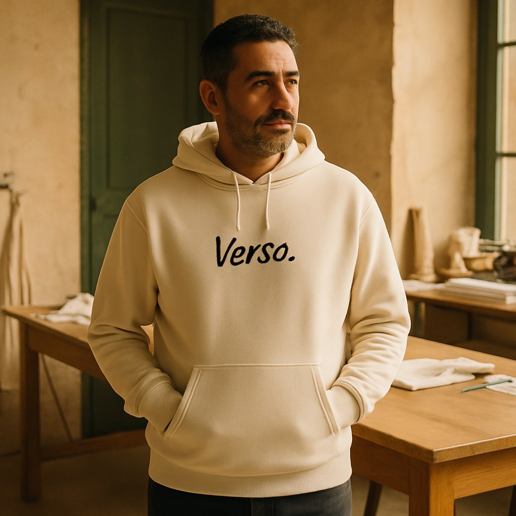 Hoodie Slammer 2.0 photographié dans l'atelier Verso Paris · atelier Verso · d'après produit · porté homme