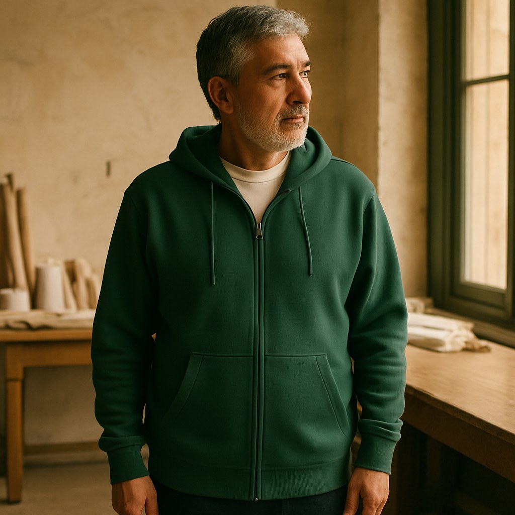 Hoodie Zippé Fleece photographié dans l'atelier Verso Paris · atelier Verso · d'après produit · porté homme