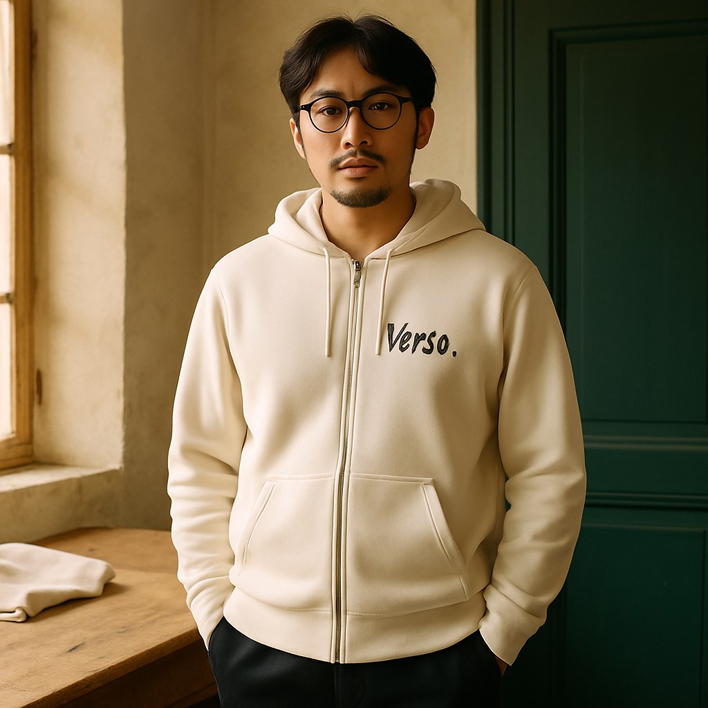 Hoodie Zippé Premium photographié dans l'atelier Verso Paris · atelier Verso · d'après produit · porté homme