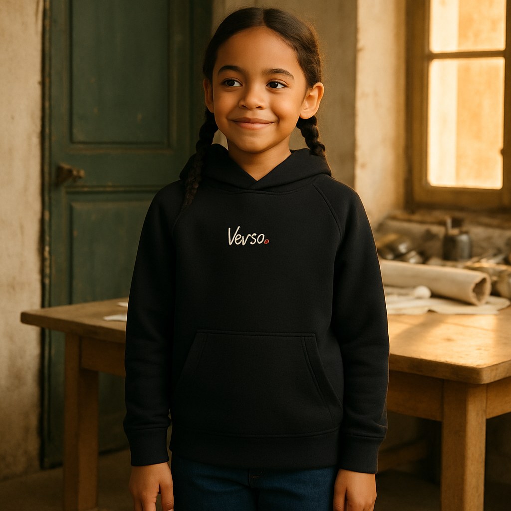Hoodie Éco Enfant photographié dans l'atelier Verso Paris · atelier Verso · d'après produit · porté enfant