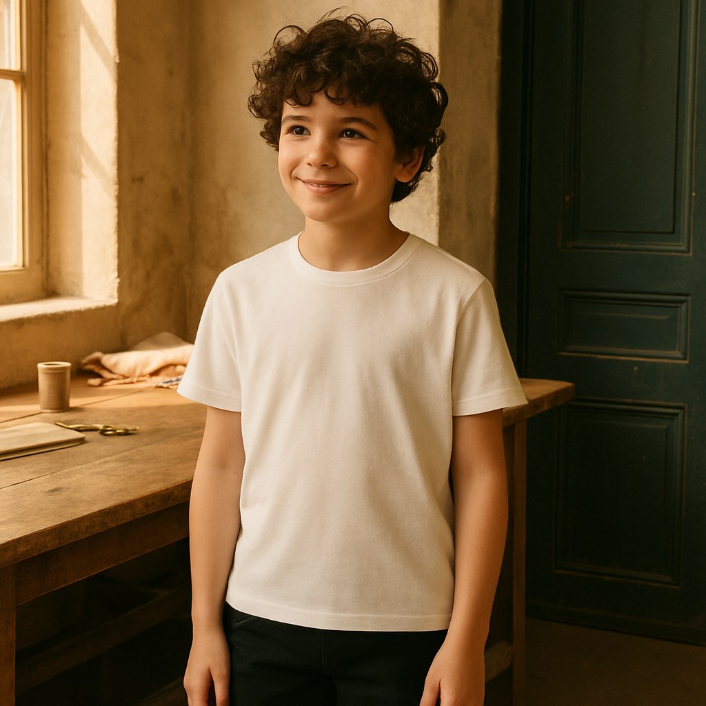 Tee Enfant Bio photographié dans l'atelier Verso Paris · atelier Verso · d'après produit · porté enfant