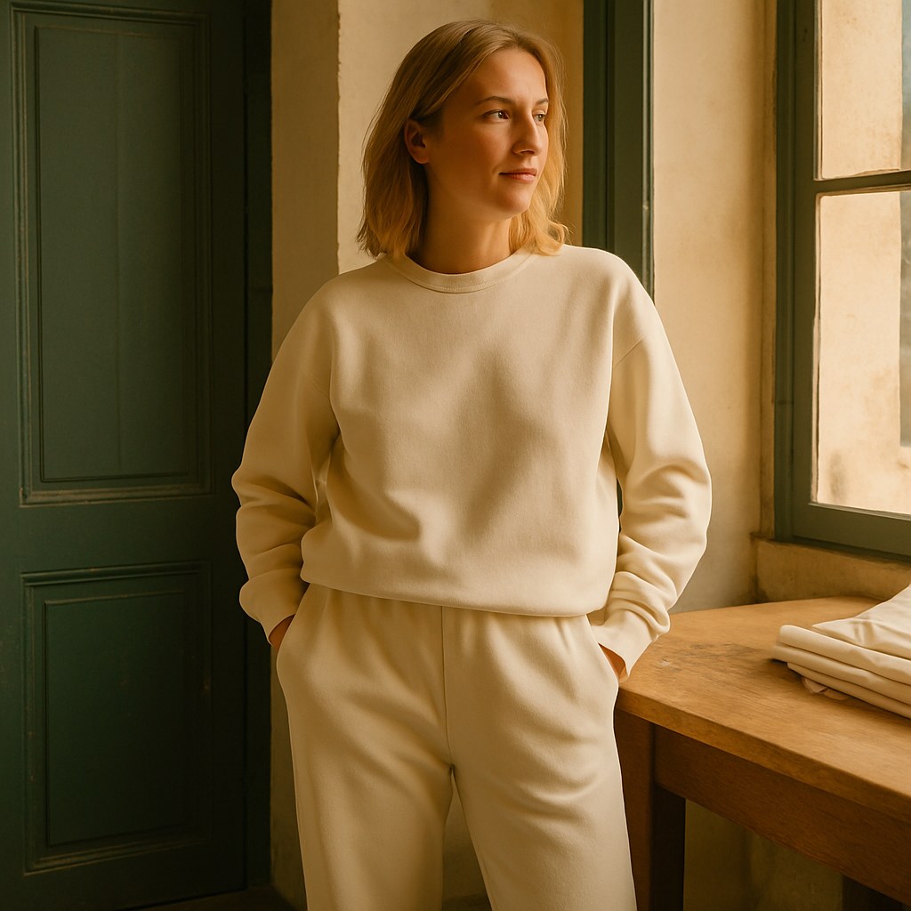 Pantalon Fleece Garment-Dyed photographié dans l'atelier Verso Paris · atelier Verso · d'après produit · porté femme