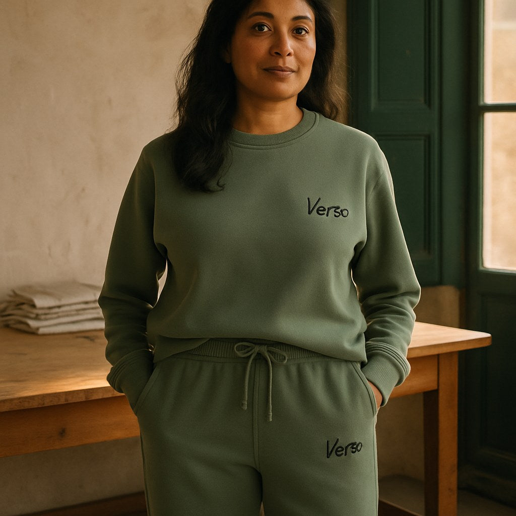 Pantalon Sweat Pigmenté photographié dans l'atelier Verso Paris · atelier Verso · d'après produit · porté femme