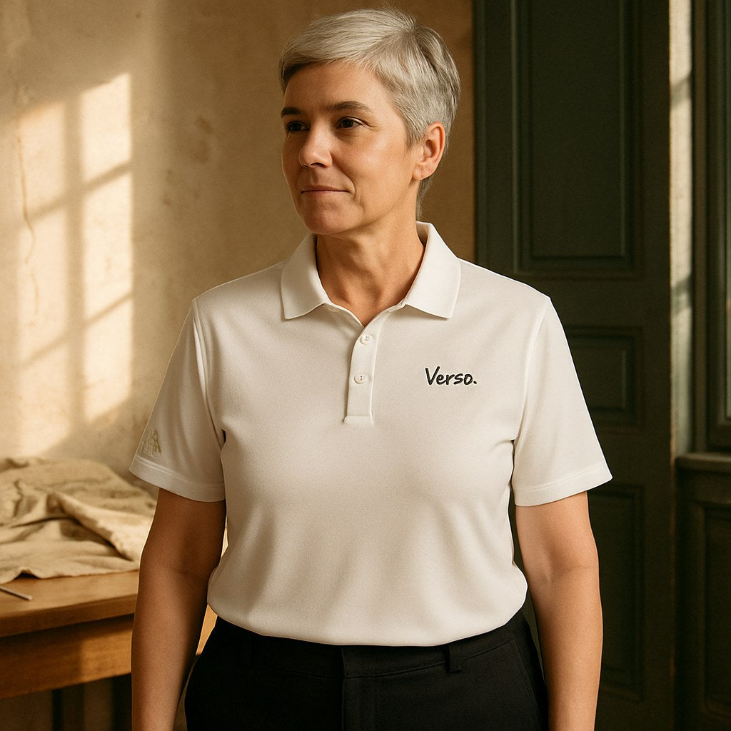 Polo Adidas Premium porté par une femme, photo d'illustration Verso Paris · mannequin femme