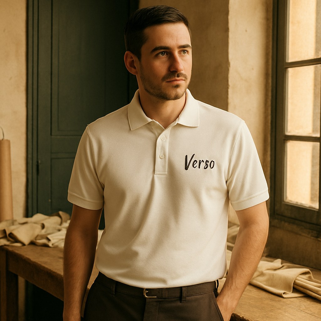 Polo Homme Premium photographié dans l'atelier Verso Paris · atelier Verso · d'après produit · porté homme