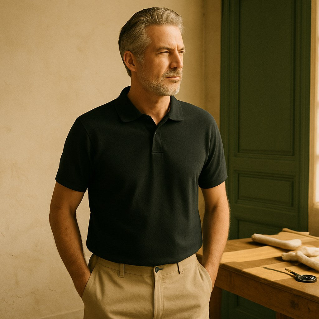 Polo Piqué Premium photographié dans l'atelier Verso Paris · atelier Verso · d'après produit · porté homme