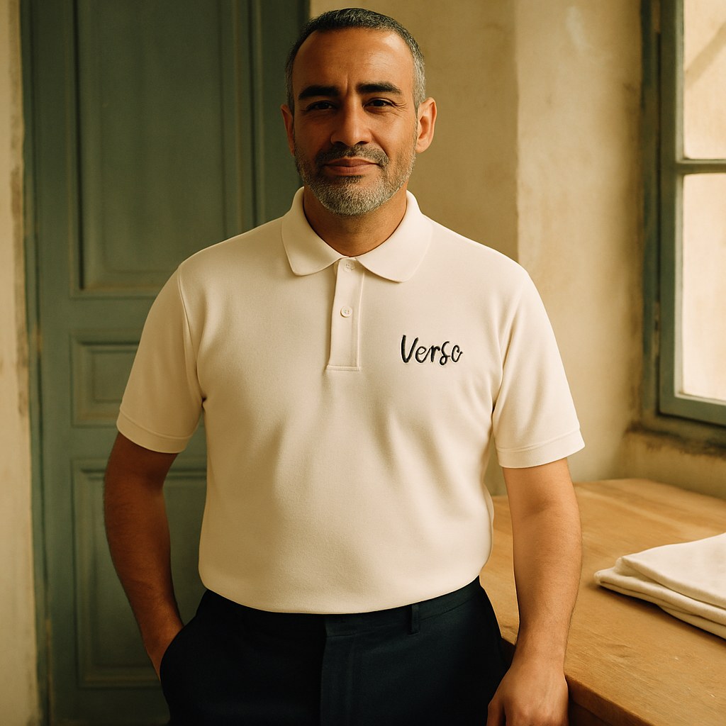 Polo Brodé photographié dans l'atelier Verso Paris · atelier Verso · d'après produit · porté homme