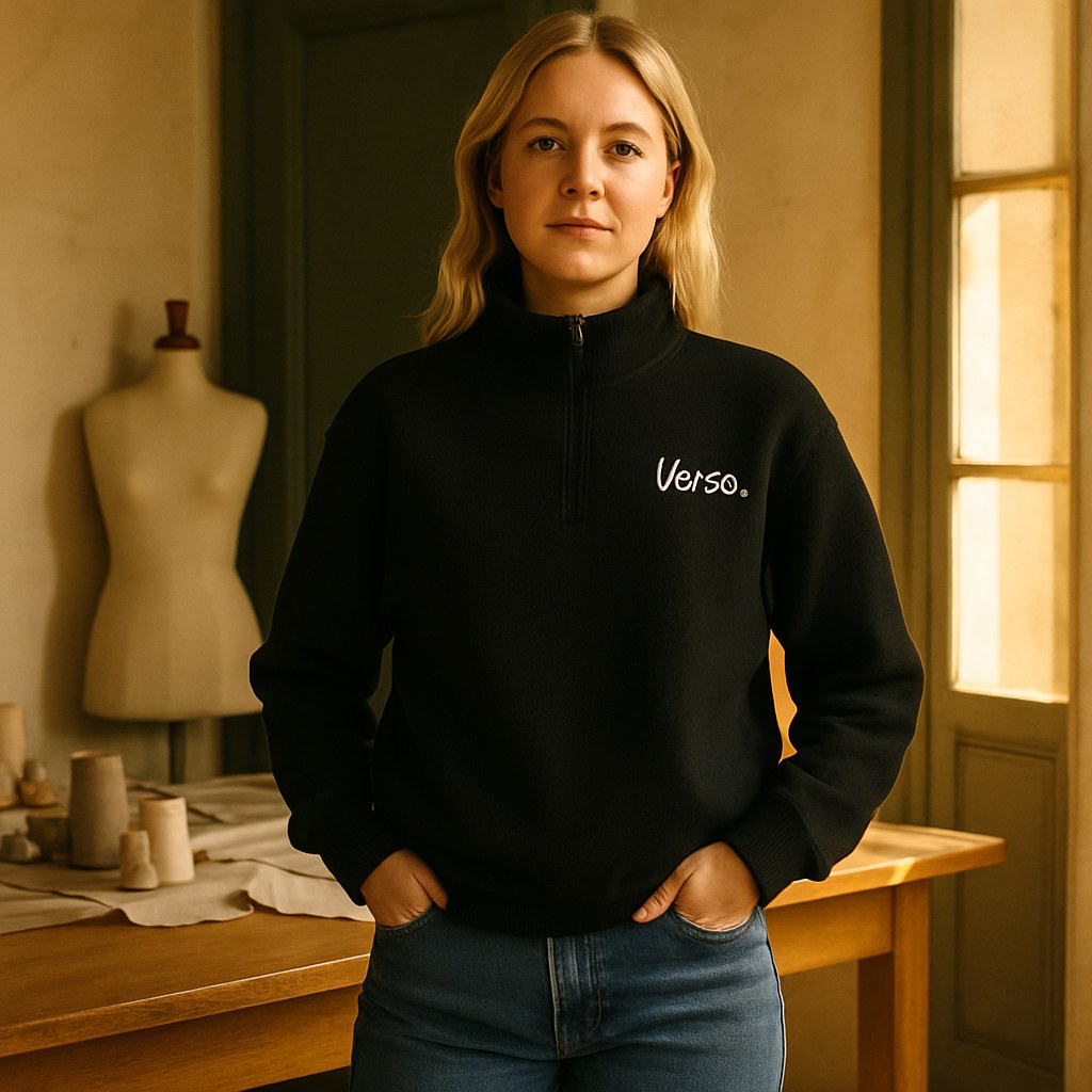 Pull Fleece Quart-Zip photographié dans l'atelier Verso Paris · atelier Verso · d'après produit · porté femme