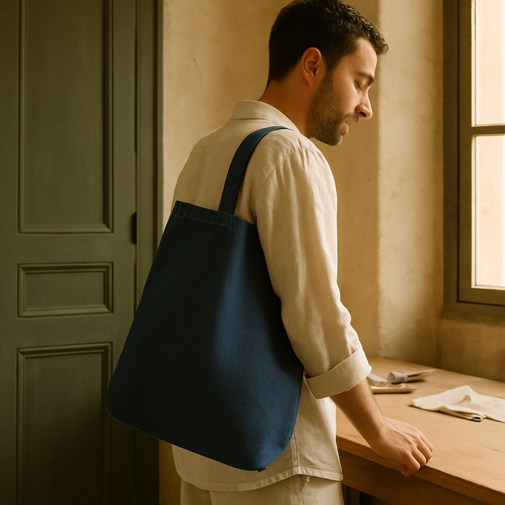 Sac Tote Denim Bio photographié dans l'atelier Verso Paris · atelier Verso · d'après produit · porté homme