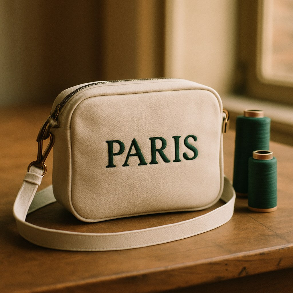 Sac Bandoulière Brodé photographié dans l'atelier Verso Paris · atelier Verso