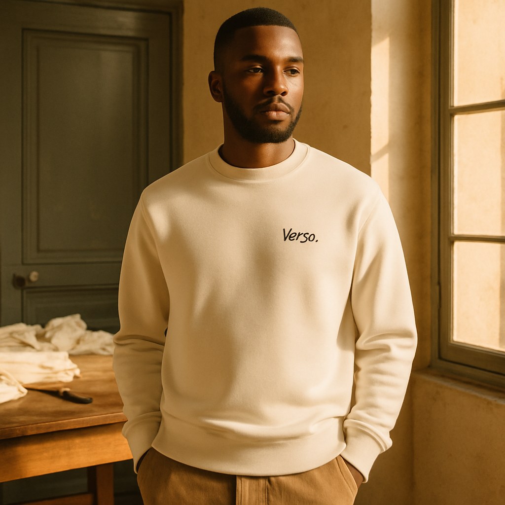 Sweatshirt Changer 2.0 Stanley/Stella STSU178 photographié dans l'atelier Verso Paris · atelier Verso · d'après produit · porté homme