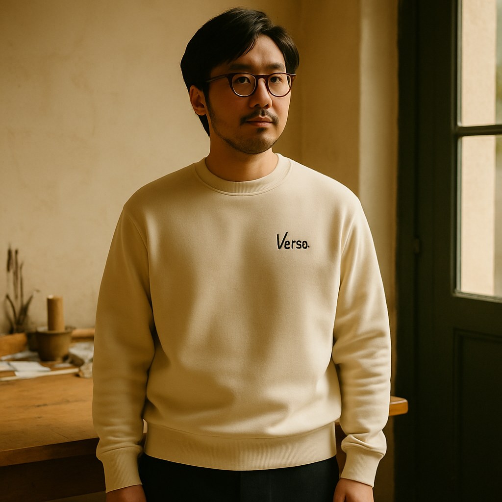 Sweatshirt Col Rond Détendu photographié dans l'atelier Verso Paris · atelier Verso · d'après produit · porté homme