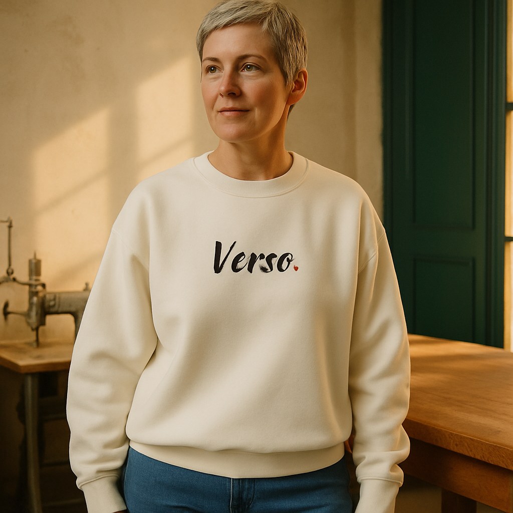 Sweatshirt Col Rond Gildan 18000 photographié dans l'atelier Verso Paris · atelier Verso · d'après produit · porté femme