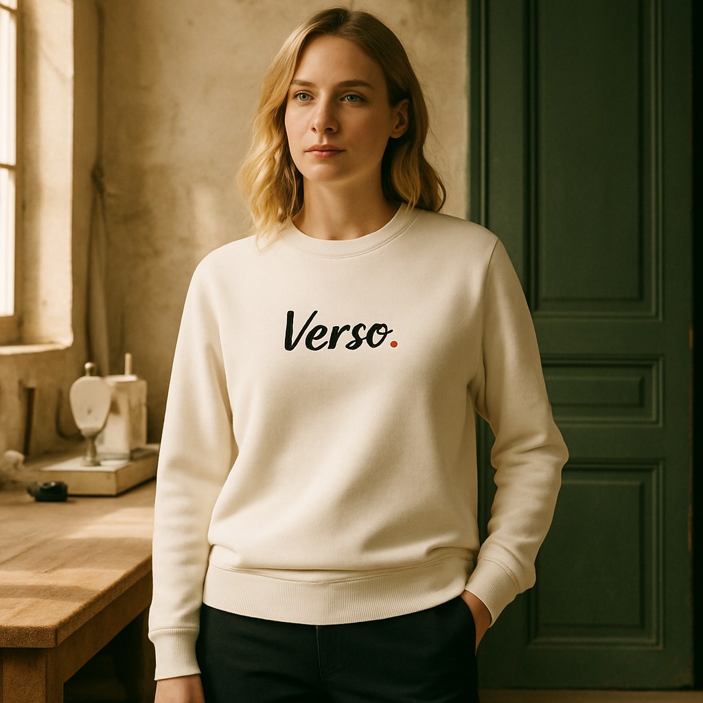 Sweatshirt Col Rond SOL'S 03574 photographié dans l'atelier Verso Paris · atelier Verso · d'après produit · porté femme