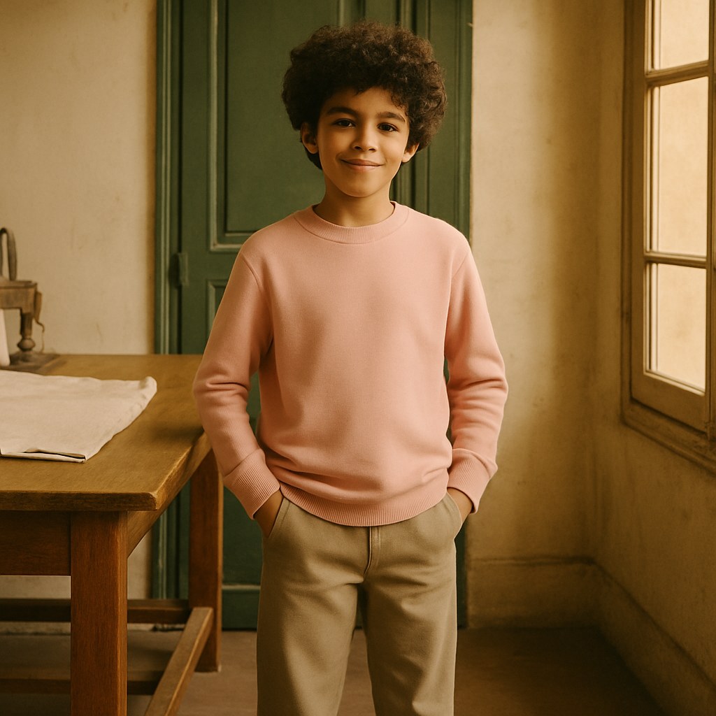 Sweatshirt Enfant photographié dans l'atelier Verso Paris · atelier Verso · d'après produit · porté enfant