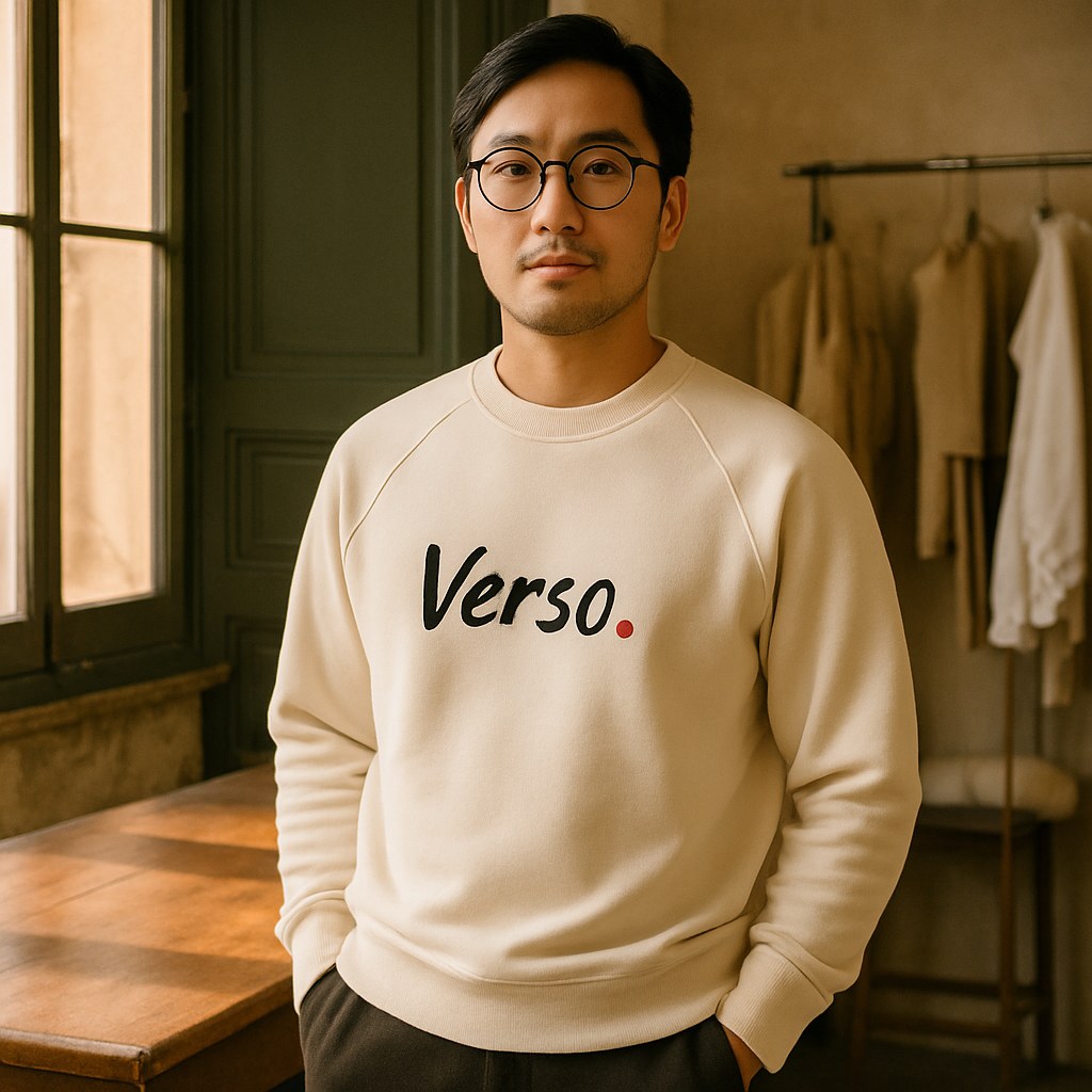 Sweatshirt Raglan Bio photographié dans l'atelier Verso Paris · atelier Verso · d'après produit · porté homme