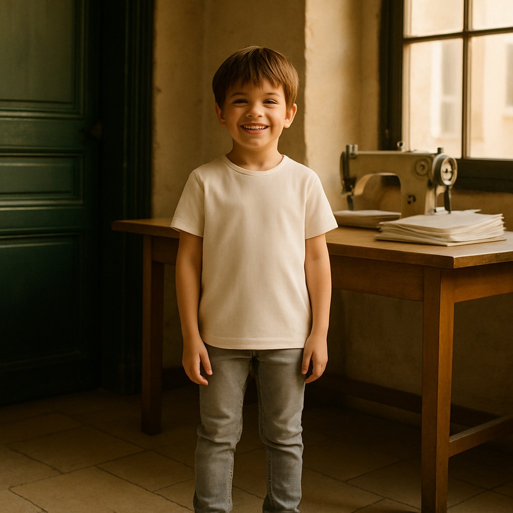 Tee Enfant photographié dans l'atelier Verso Paris · atelier Verso · d'après produit · porté enfant