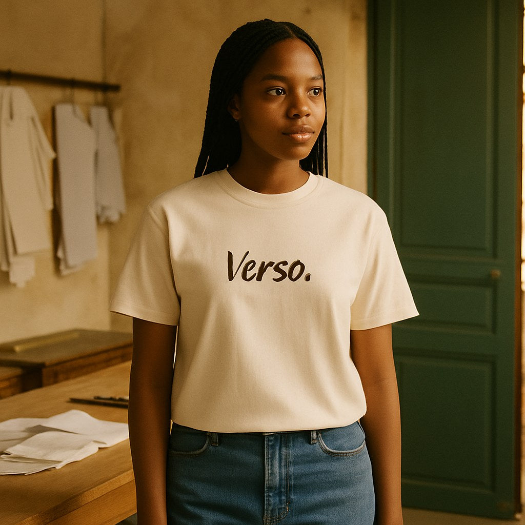 Tee Jersey Basique photographié dans l'atelier Verso Paris · atelier Verso · d'après produit · porté femme