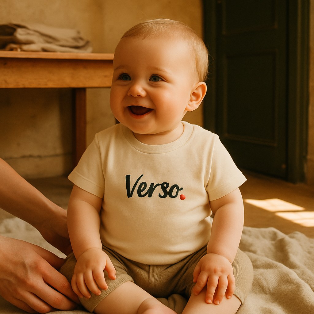 Tee Jersey Bébé photographié dans l'atelier Verso Paris · atelier Verso · d'après produit · porté bébé