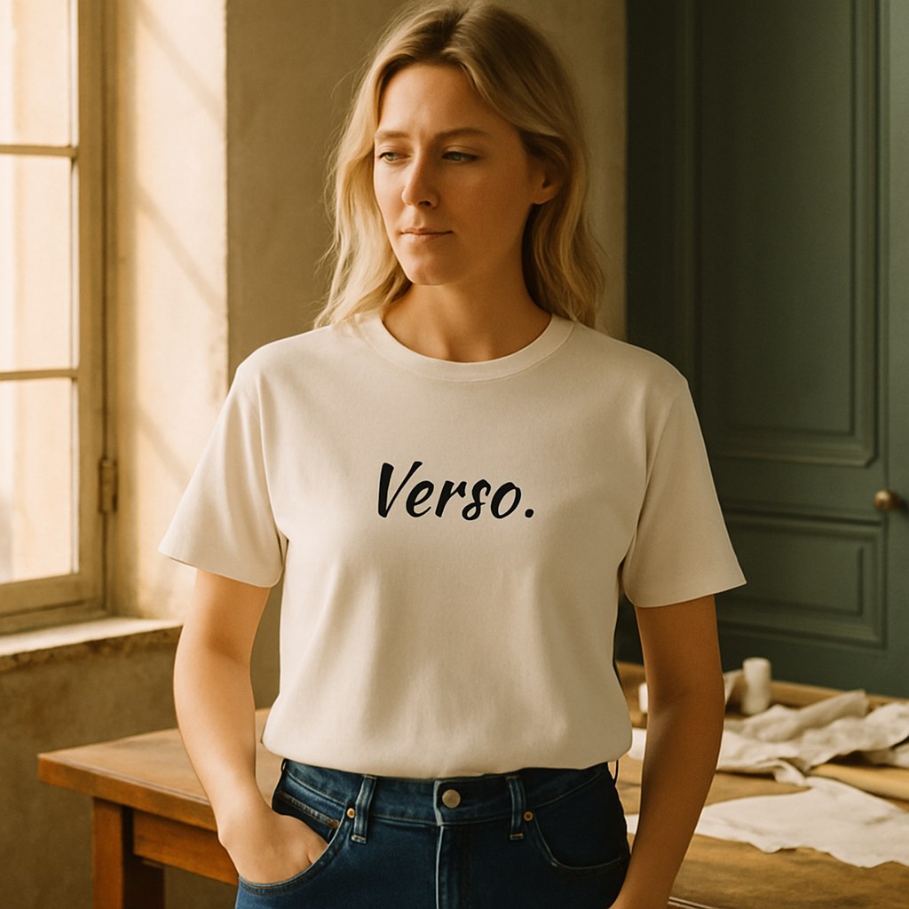Tee Jersey Classique photographié dans l'atelier Verso Paris · atelier Verso · d'après produit · porté femme