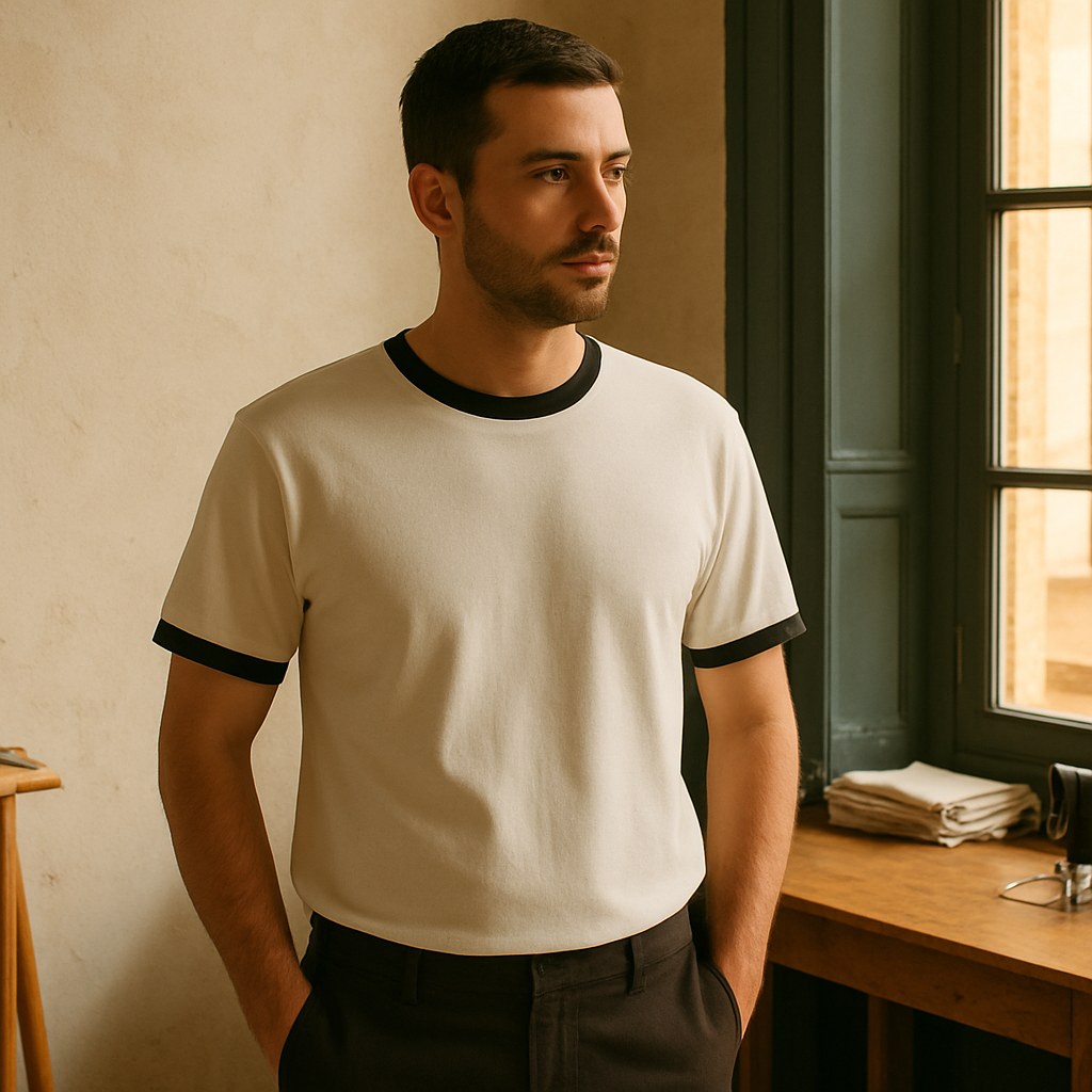 Tee Jersey Col Ringer photographié dans l'atelier Verso Paris · atelier Verso · d'après produit · porté homme