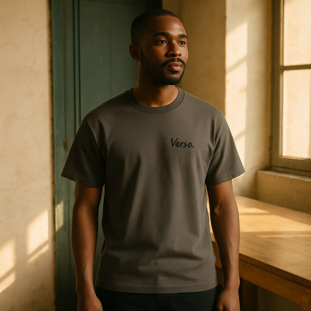 Tee Jersey Col Rond American Apparel 1301GD photographié dans l'atelier Verso Paris · atelier Verso · d'après produit · porté homme
