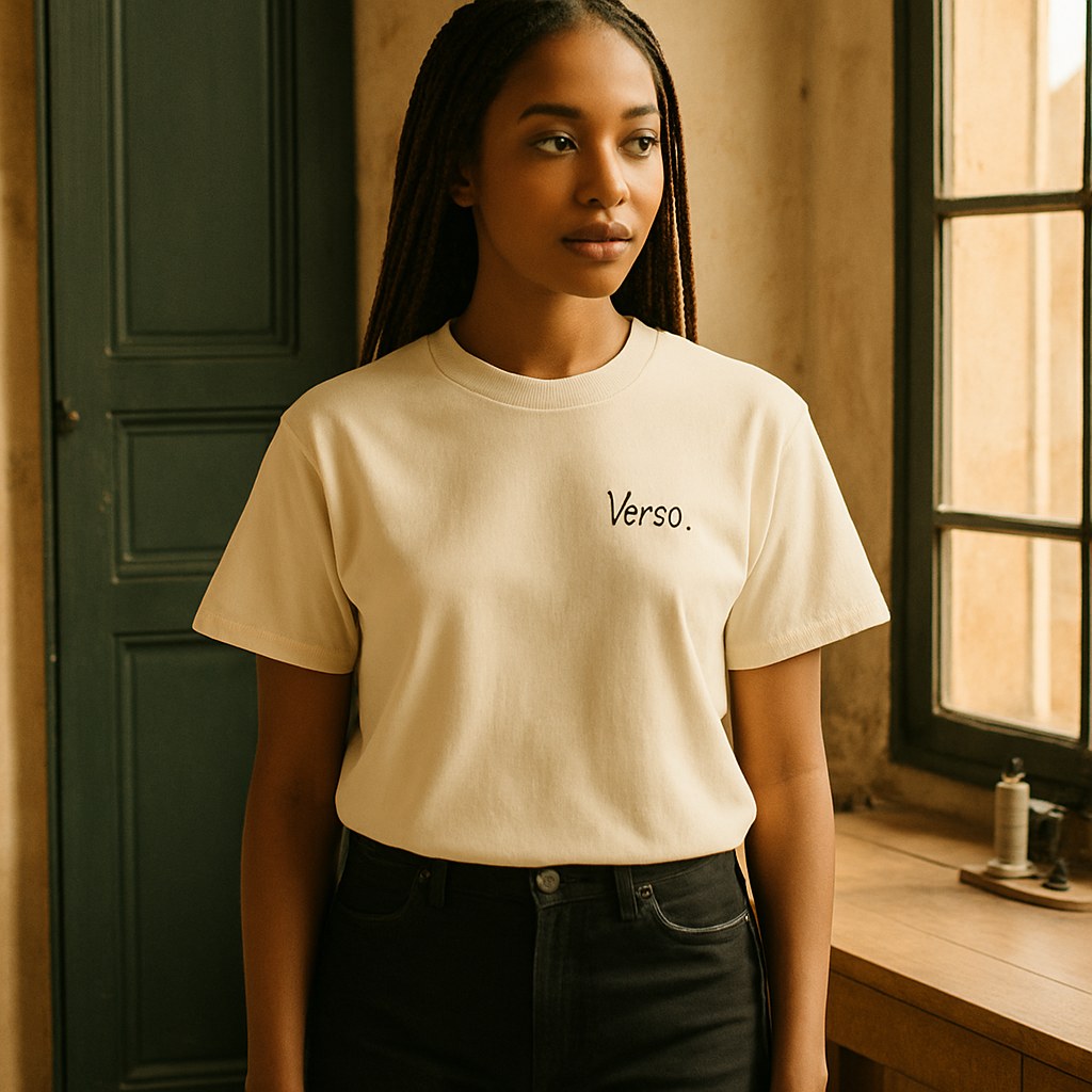 Tee Jersey Col Rond Cotton Heritage MC1082 photographié dans l'atelier Verso Paris · atelier Verso · d'après produit · porté femme