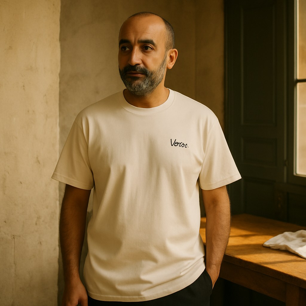 Tee Jersey Col Rond Cotton Heritage MC1086 photographié dans l'atelier Verso Paris · atelier Verso · d'après produit · porté homme