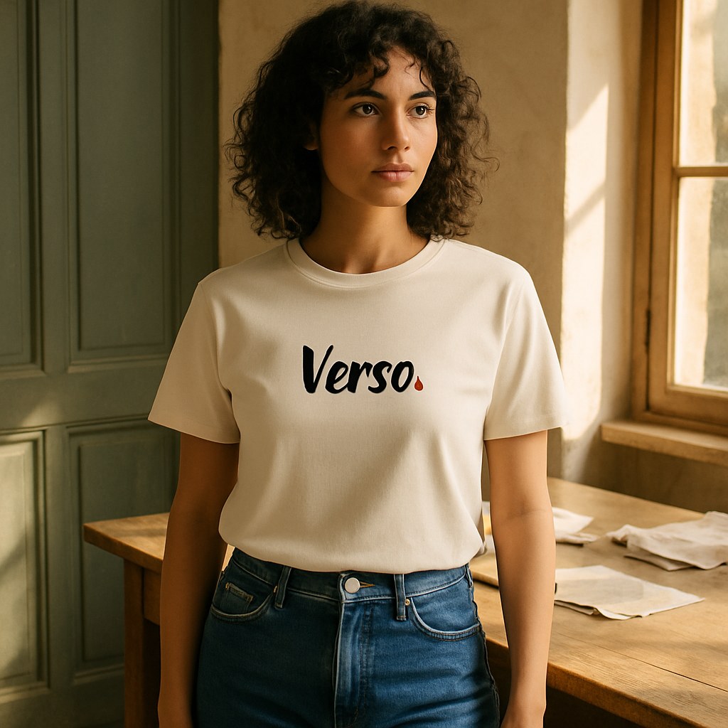 Tee Jersey Col Rond Stanley/Stella SATU001 photographié dans l'atelier Verso Paris · atelier Verso · d'après produit · porté femme