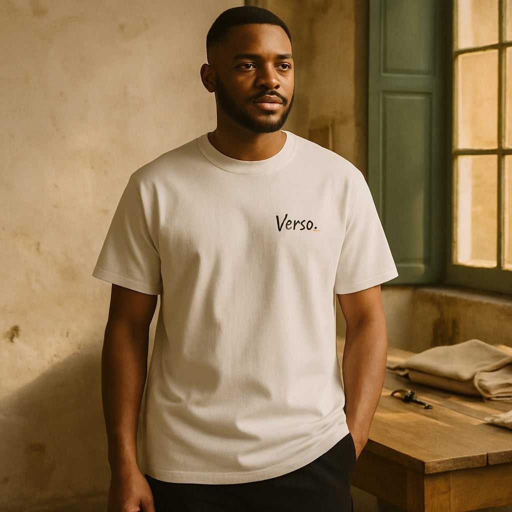 Tee Jersey Col Rond T105 photographié dans l'atelier Verso Paris · atelier Verso · d'après produit · porté homme