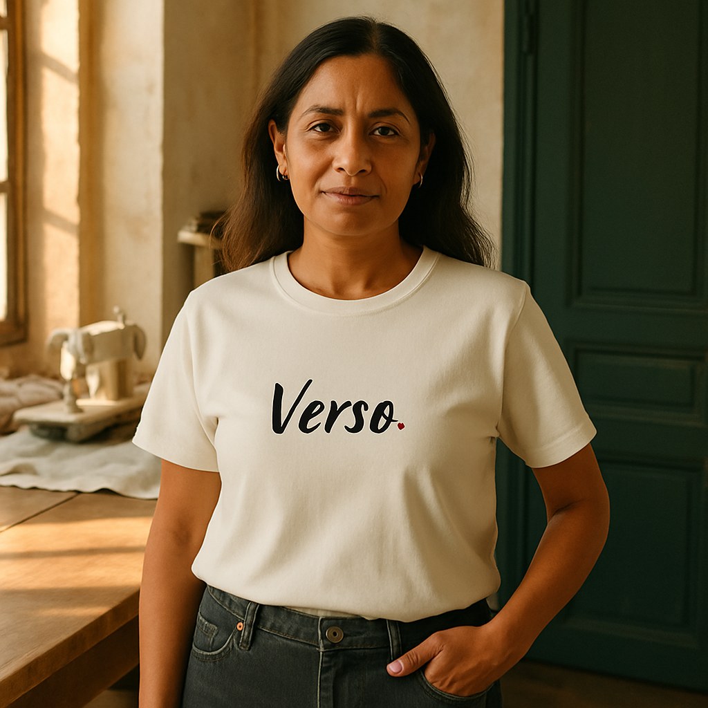 Tee Jersey Col Rond Tultex 202 photographié dans l'atelier Verso Paris · atelier Verso · d'après produit · porté femme