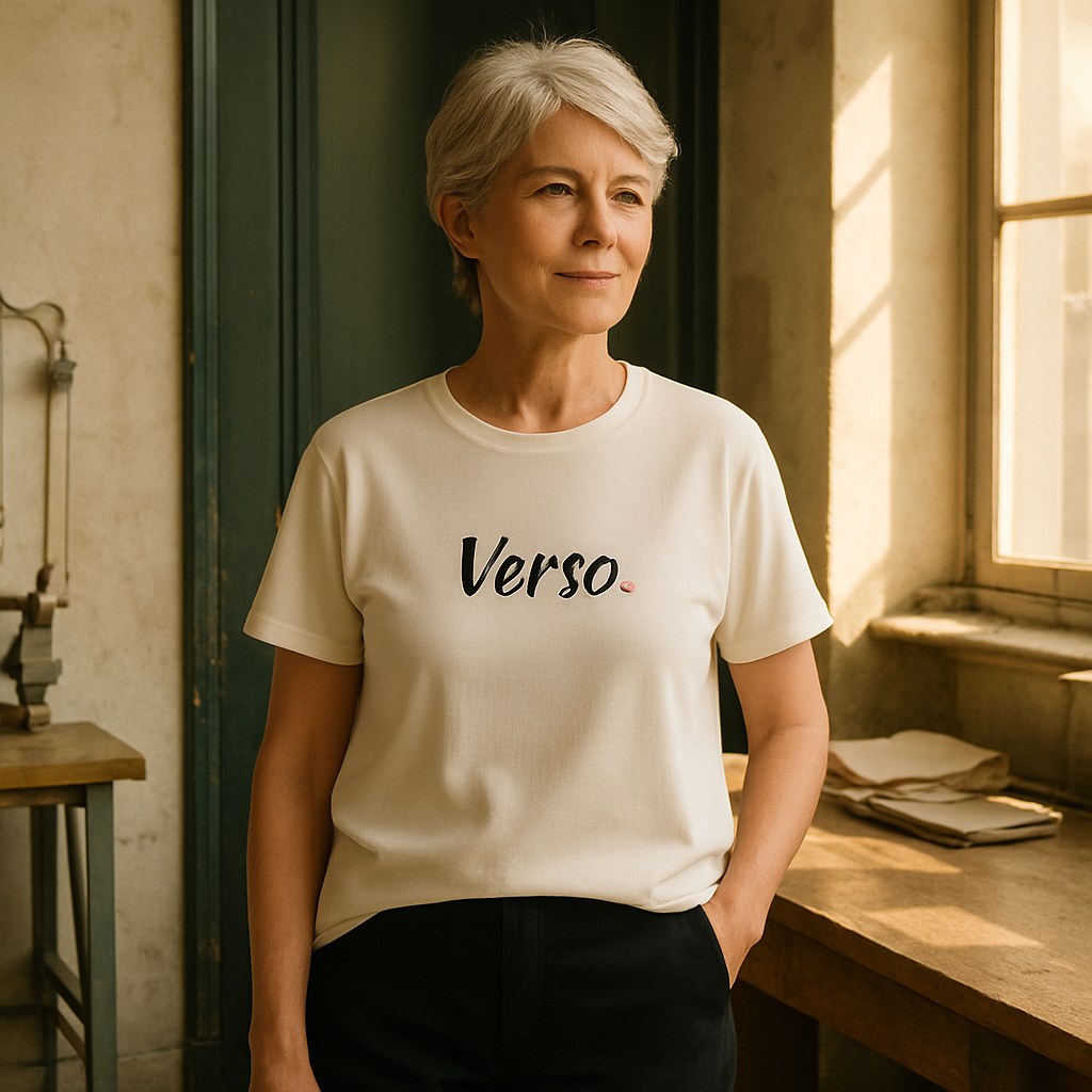 Tee Jersey Col V 1383264 photographié dans l'atelier Verso Paris · atelier Verso · d'après produit · porté femme