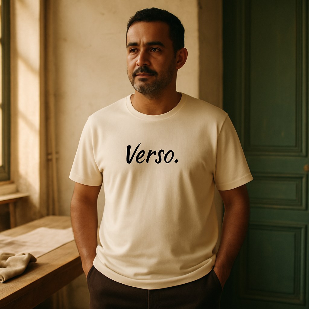Tee Jersey Col V Next Level 6210 photographié dans l'atelier Verso Paris · atelier Verso · d'après produit · porté homme