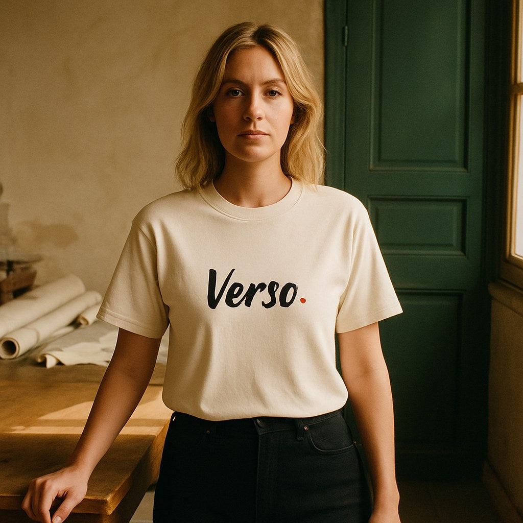 Tee Jersey Col V Shaka Wear SHMHSS photographié dans l'atelier Verso Paris · atelier Verso · d'après produit · porté femme